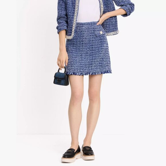♠️ Kate Spade Gabrielle Tweed Skirt, Pearl Accent French Navy Cosmic Blue - Picture 4 of 5